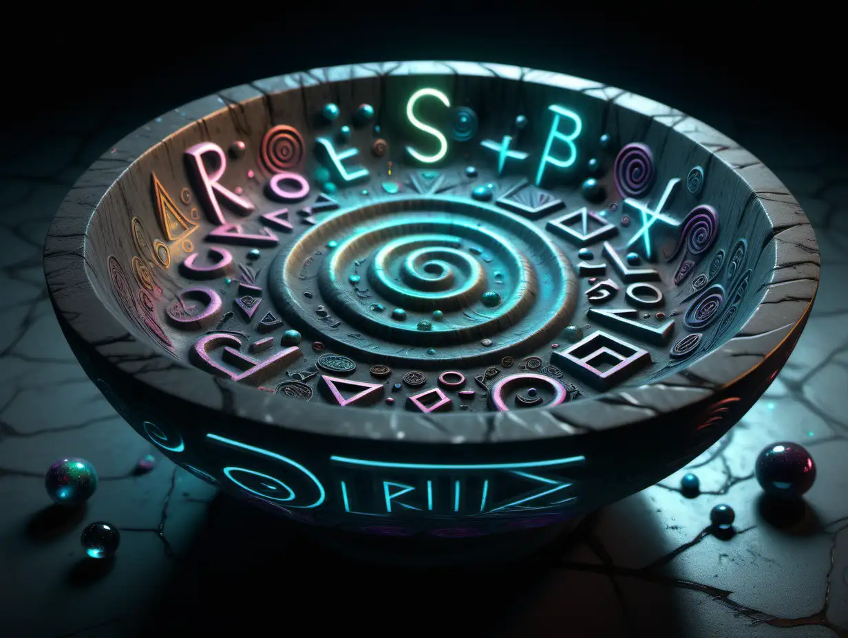 a shallow stone bowl carved with psychedelic neon runes and symbols, the Pensieve. filled with a black ethereal liquid and vapor. bubbles and orbs floating. marble. holographic. very intricately and microscopically detailed. ultra realistic blender sfm textures.