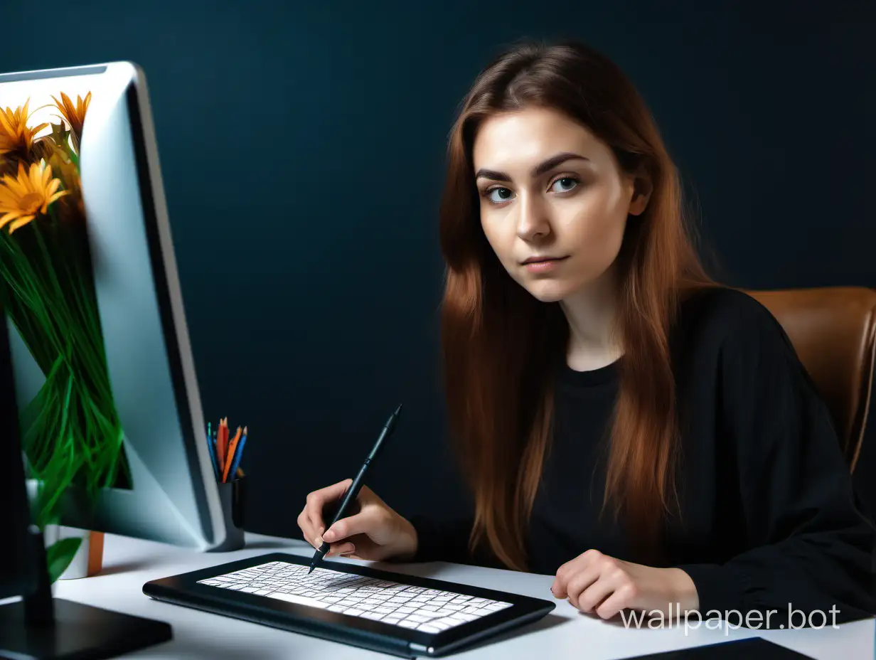 web designer girl draws a website on a graphics tablet and looks at the monitor, with chestnut medium hair, 30 years old, surrounded by a dark office, flowers, color black, green, blue, brown