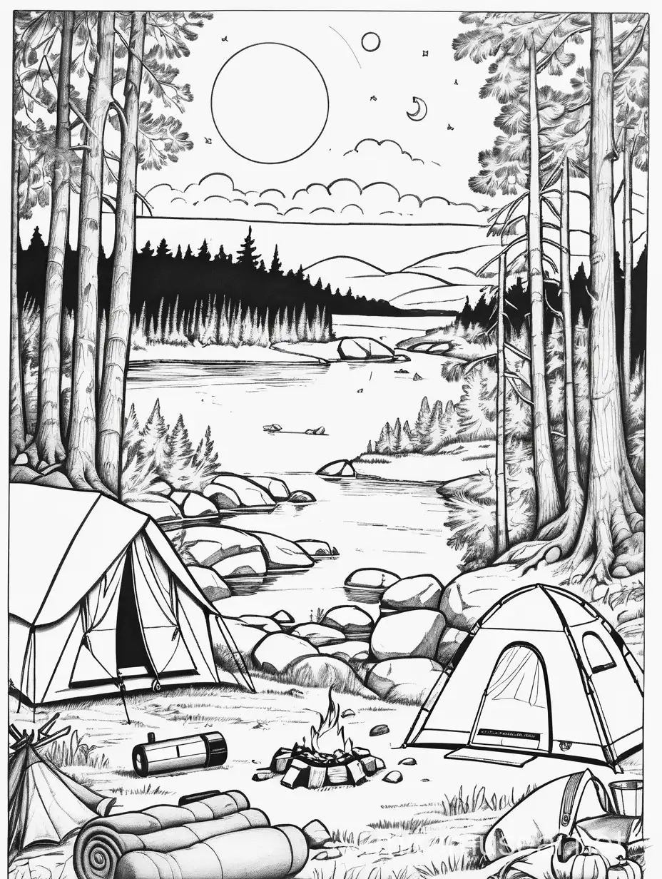 White and black image, white background, for a coloring book, The scene depicts a serene camping spot in the woods. In the foreground, a trailer with pick-up truck, there's a crackling campfire with a family around it. Nearby, a tent is pitched, with a sleeping bag rolled out in front of it.  In the distance, a river glistens under the moonlight. Foreground: a trailer.

Make sure to leave ample white space within the image, especially around the tent, campfire, and sky, allowing children plenty of room to color and bring the scene to life with their creativity!