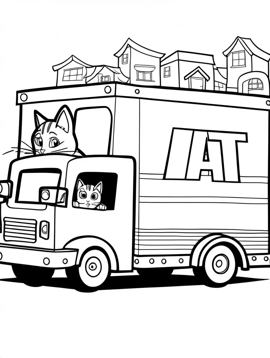 cat driving a box truck, Coloring Page, black and white, line art, white background, Simplicity, Ample White Space. The background of the coloring page is plain white to make it easy for young children to color within the lines. The outlines of all the subjects are easy to distinguish, making it simple for kids to color without too much difficulty