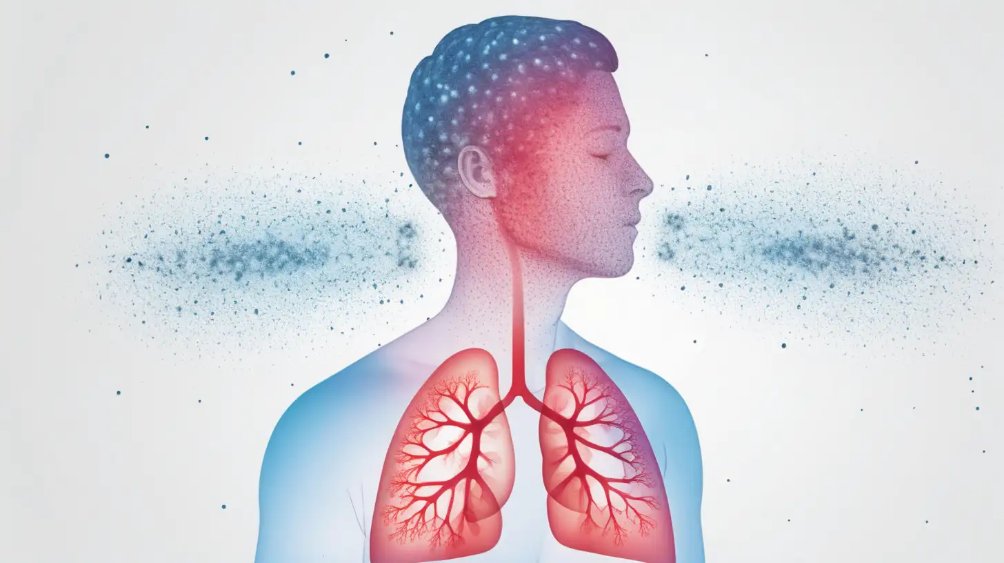 illustrations of a person showing lungs breathing in particles on a white background
