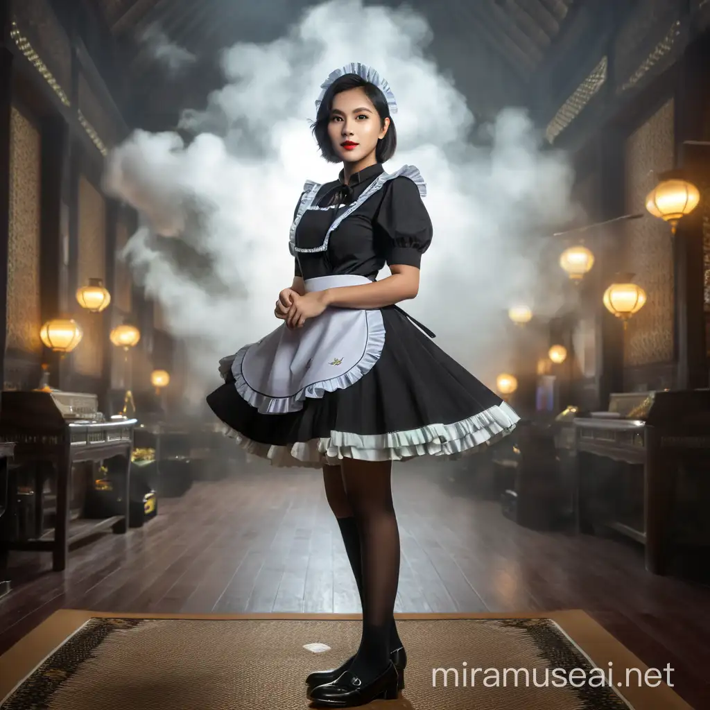 ((ultra highest quality:1.5)) ((photorealistic:1.3)) ((Real like photograph:1.3)) Super detailed. super high quality. ((full-body shoot photography)). ((an Indonesian woman with a round face)), short hair, 20 years old, wearing black maid costume and shoes. standing cute pose, fantasy background. hyperrealistic photography, RAW, cinematic style, turned to the camera,
