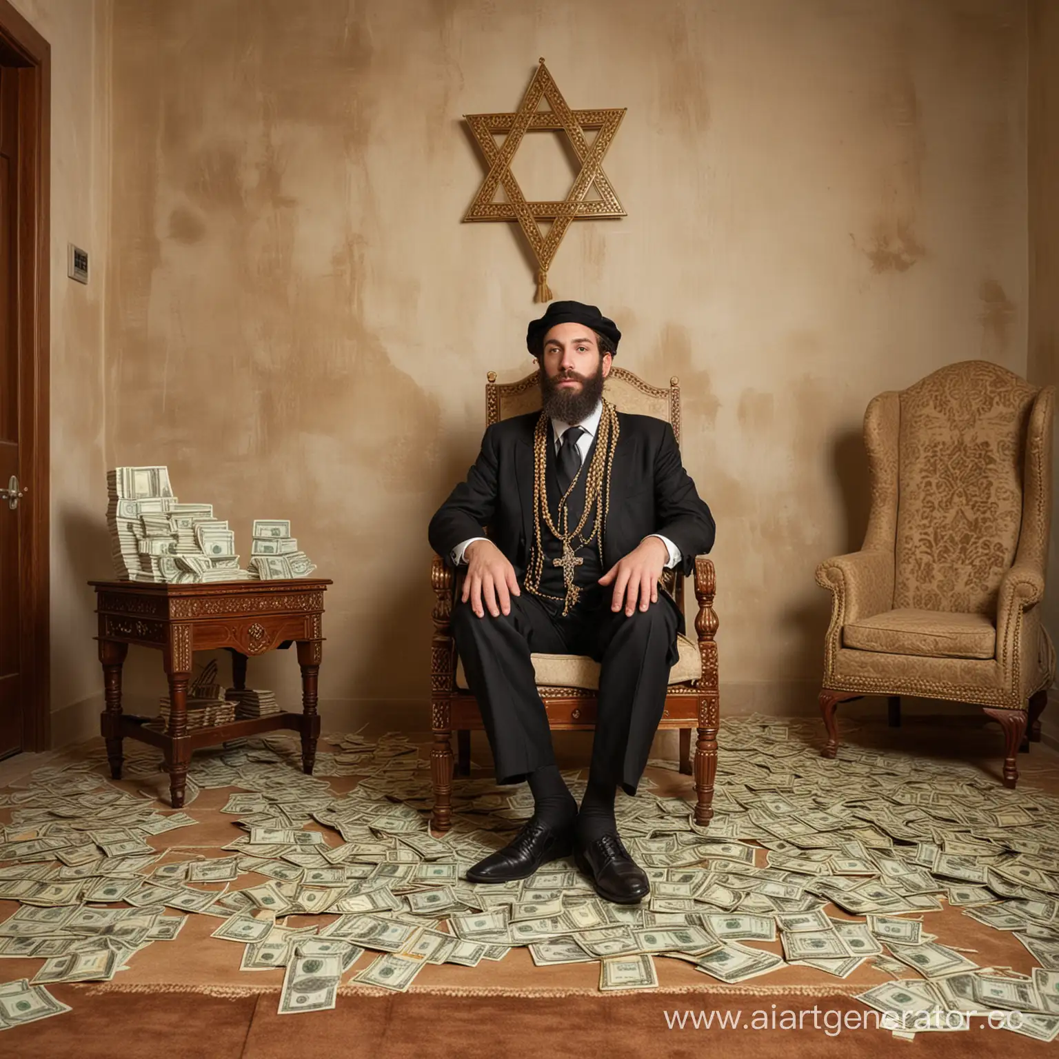 A Jew with David Star in rich clothing who lives very richly and sits in a room where there is a lot of money