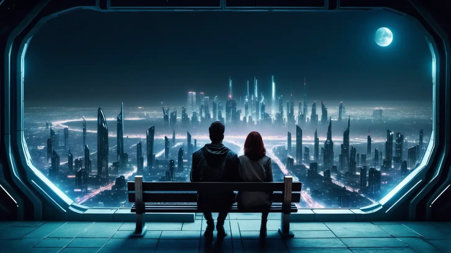 a couple sitting on a bench looking out over a futuristic city at night