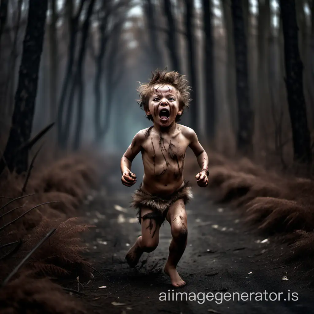 a wild, brown, frightening child, screaming as he runs through a dark forest, he is almost naked and very dirty, wearing a fur shorts, very realistic photo in colors