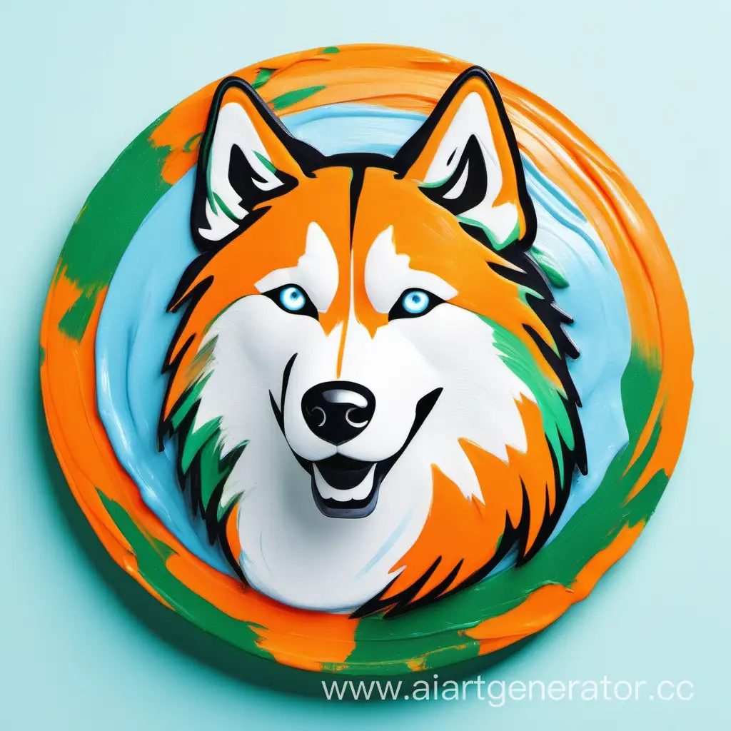 Circle icon with orange and green paint strokes with husky with sky-blue eyes in the center