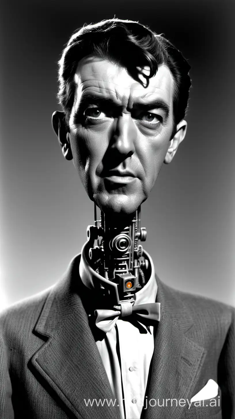 Jimmy Stewart, with half a robot face, in the style of west world.