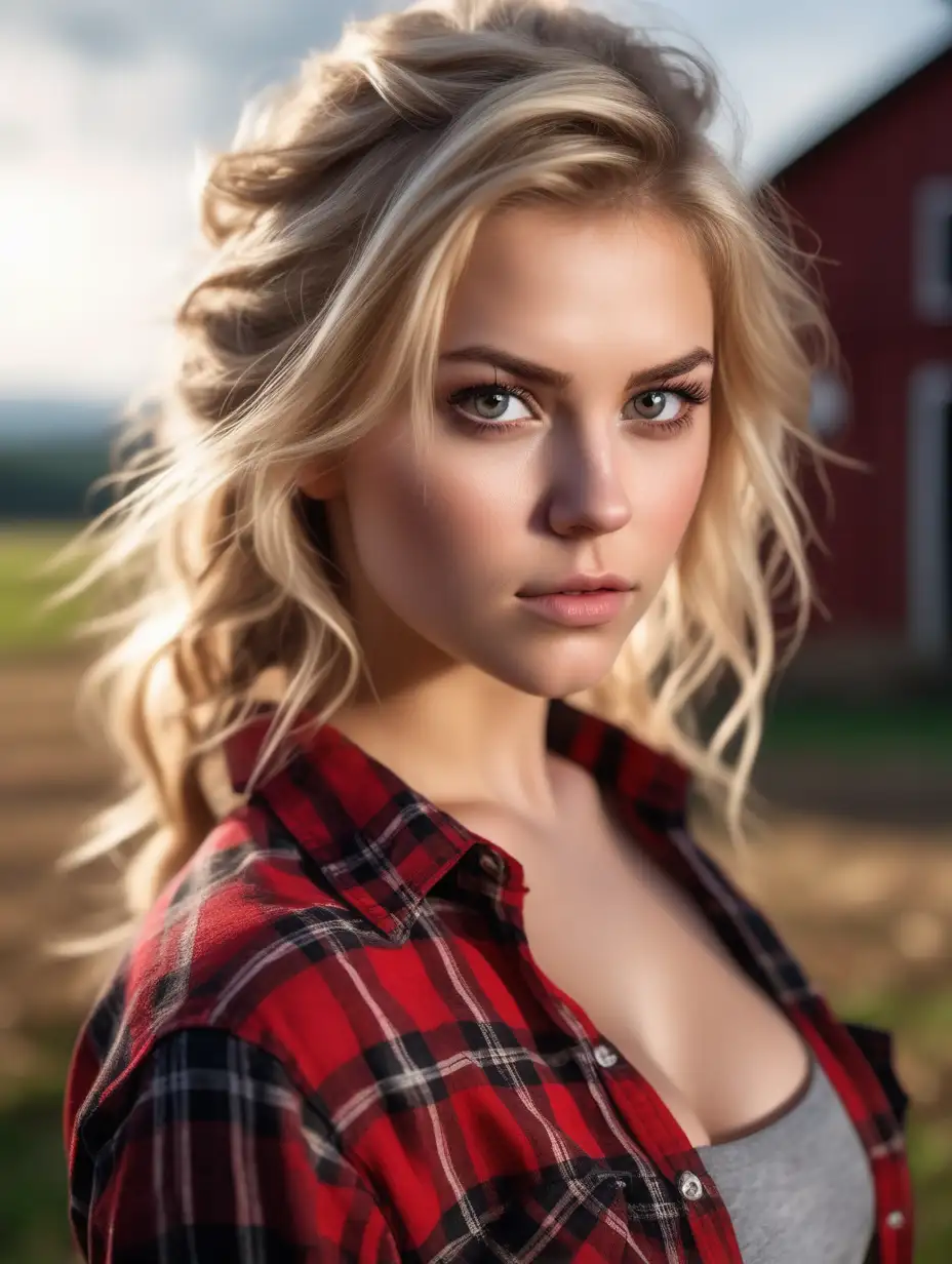 Beautiful Nordic woman, very attractive face, detailed eyes, big breasts, dark eye shadow, messy blonde hair, wearing a red black plaid shirt, shirt knot,  crop top, bare midriff, close up, bokeh background, soft light on face, rim lighting, facing away from camera, looking back over her shoulder, standing in a barn, photorealistic, very high detail, extra wide photo, full body photo, aerial photo