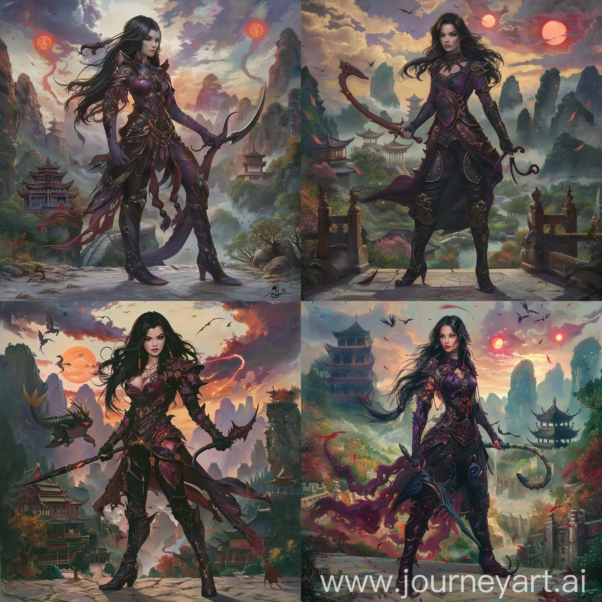 Historic painting style:

a Disney female charming seductive Danish villain, Vanessa, from Little Mermaid cartoon,

she looks like Jessica Alexander,

she has black long hair,

she wears dark purple and dark rose color Chinese style medieval armor and boots,

she holds a Chinese curved sword in right hand,

Chinese Guilin mountains and temple as background,  evil iced dragons and three small red blood suns in cloudy sky.