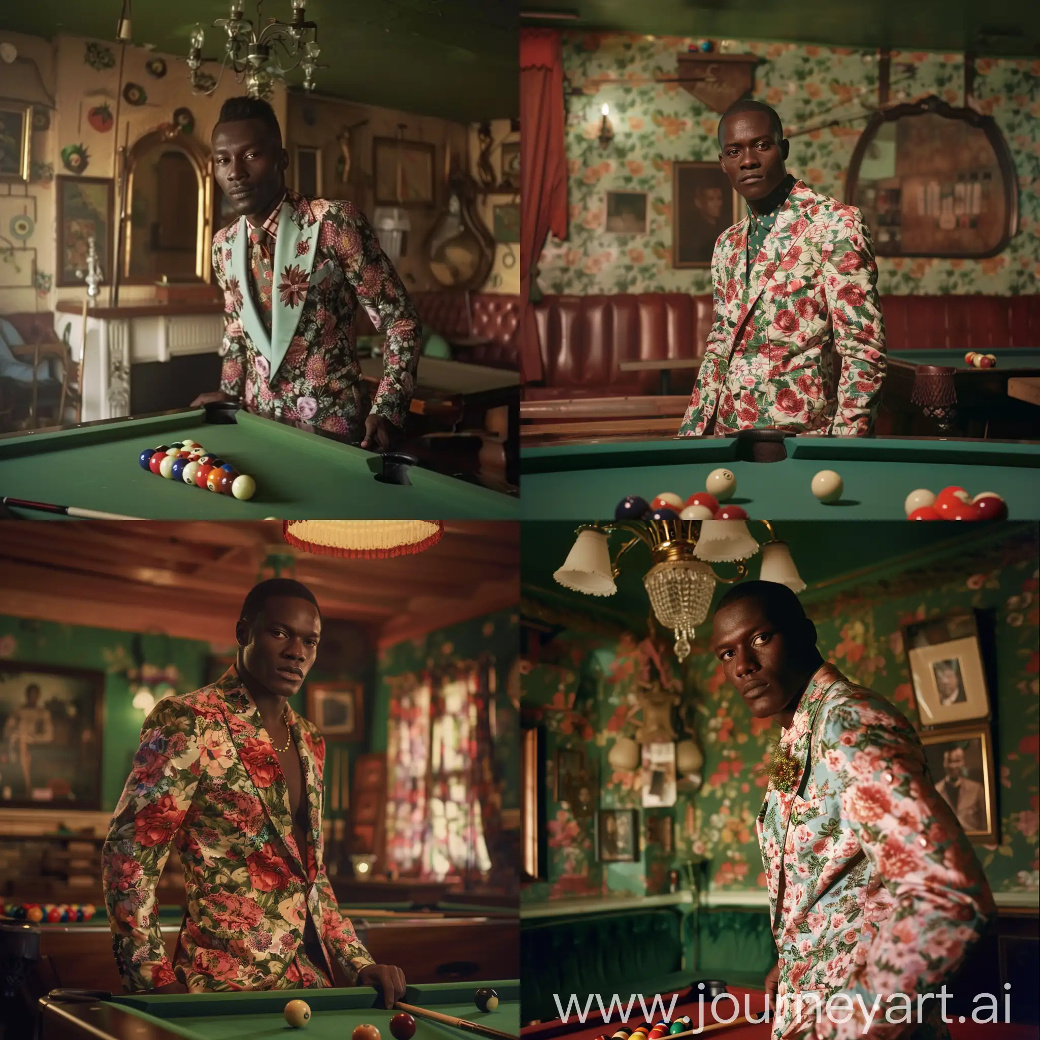 (mid 30s, black man, skinny, cunning) in a floral suit, in his basement billiard club, cinematic shot, movie still