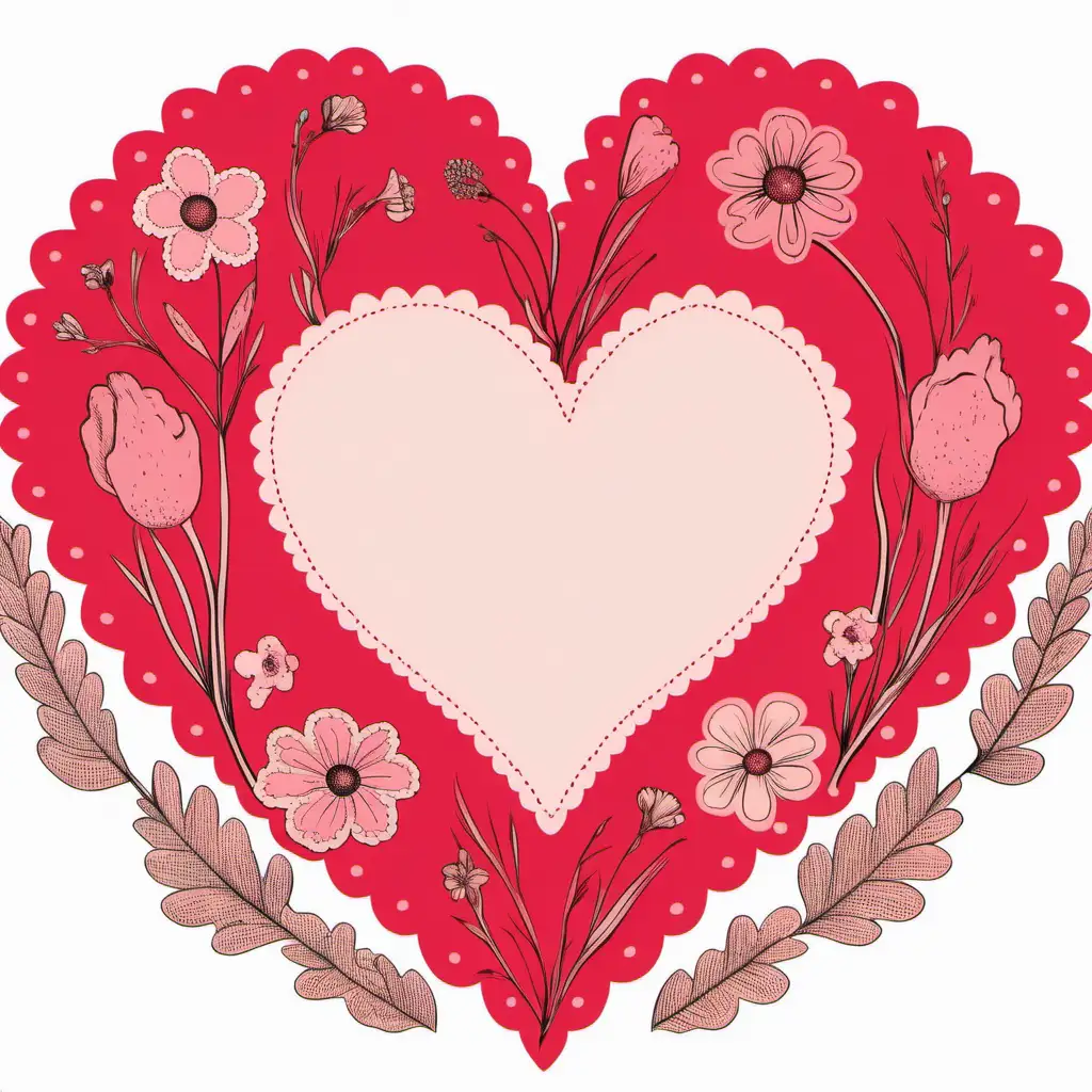 retro red and pink Scalloped  heart clipart with wild flowers inside on white background