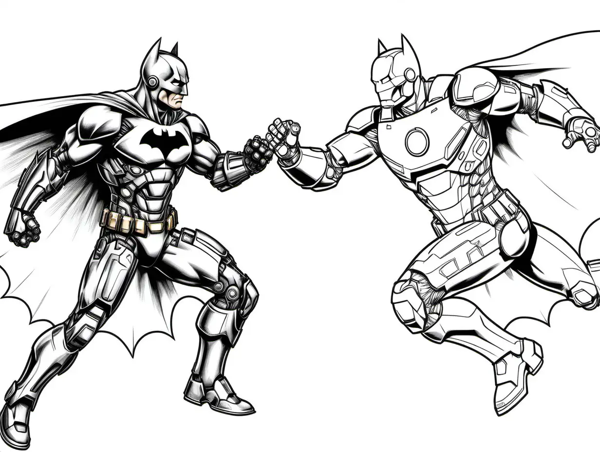 Batman vs iron man, Coloring Page, black and white, line art, white background, Simplicity, Ample White Space. The background of the coloring page is plain white to make it easy for young children to color within the lines. The outlines of all the subjects are easy to distinguish, making it simple for kids to color without too much difficulty