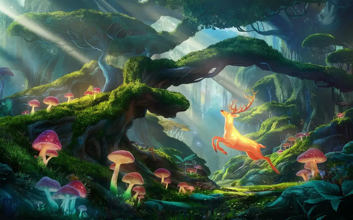 Beautiful, fantastical, enchanted forests, mushrooms, huge trees, glowing deer, Ultra HD, movie-grade quality