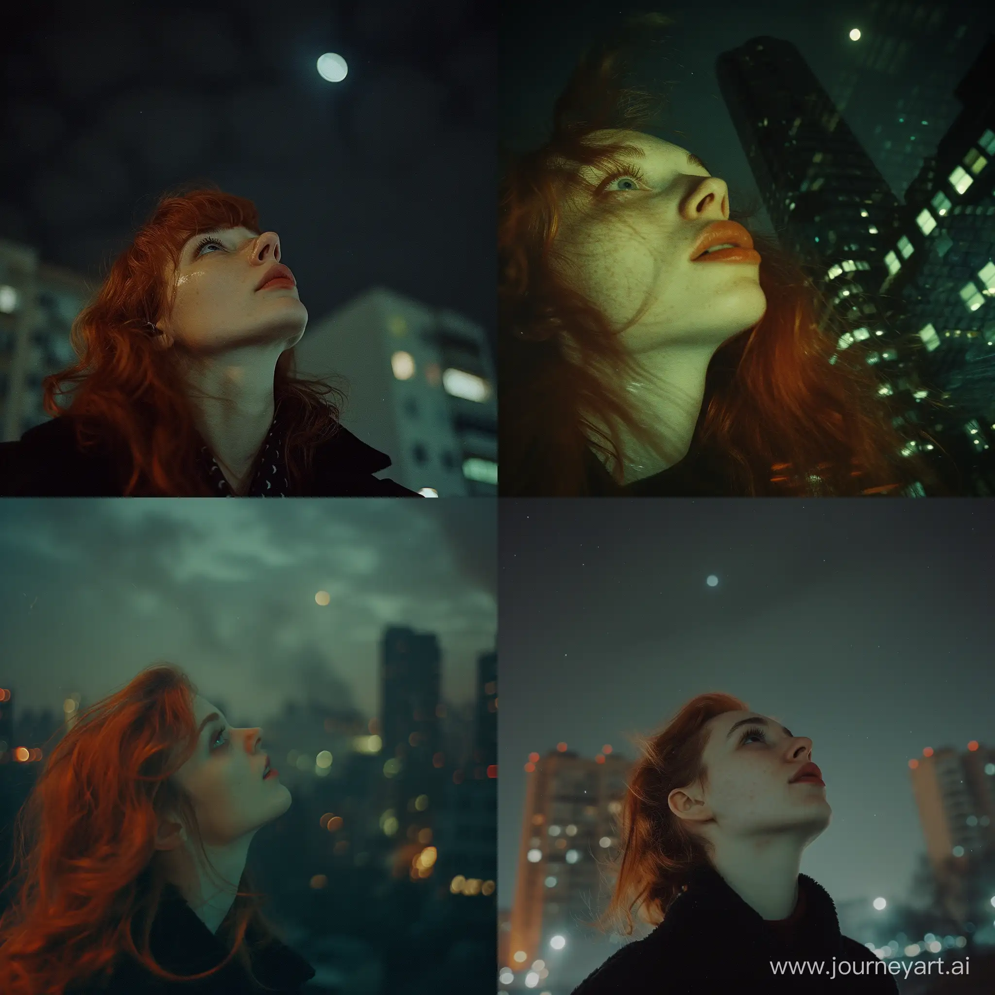 redhead looking into the skies, post-punk dark vibe, night, urban wide-shot with buildings in the background somewhat blurry, photo with 16mm, looks like part of the music video. noisy photo, night lighting and moon blurred into the skies