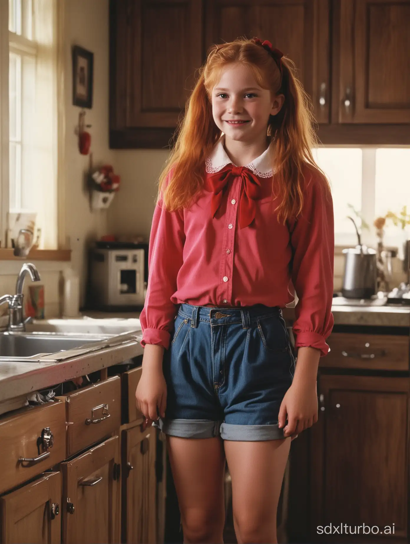 *VHS recording, late 80s thriller with fantasy and horror elements, directed by Paul Verhoeven, main character a middle-school girl, 10 years old, with straight and long red hair, wearing a red bow, wearing a magenta blouse and jorts, smiling happily, standing in kitchen, low lighting, terrifying, VHS-C, granular, unsettling, frightening.*