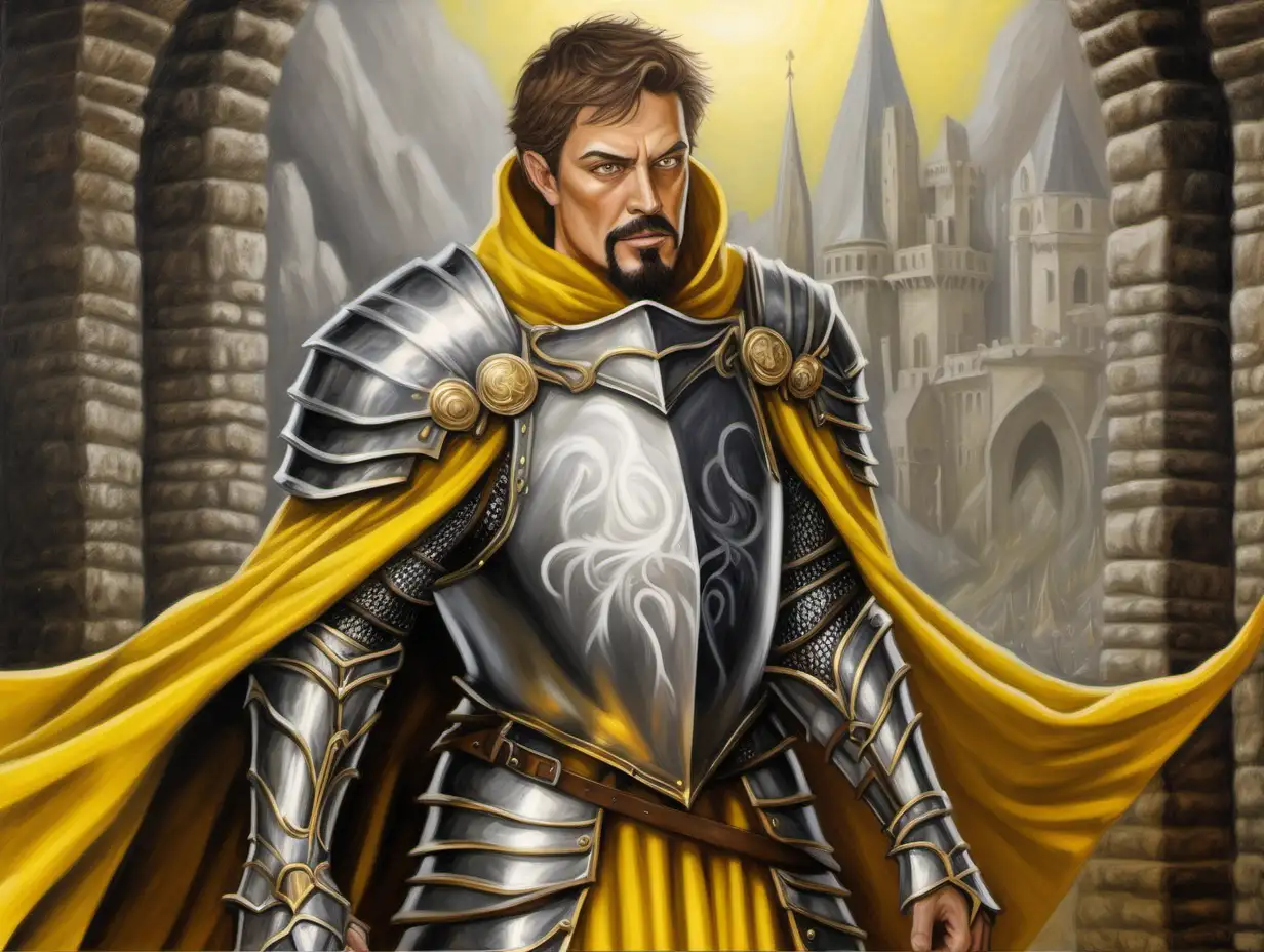 full silver armor paladin, short brown hair, goatee, yellow cape, casting restoration spell, fatigued, Medieval fantasy painting