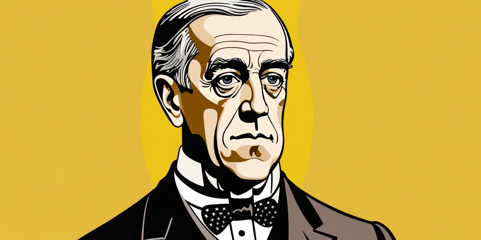 cartoon of Woodrow Wilson with a solid yellow background