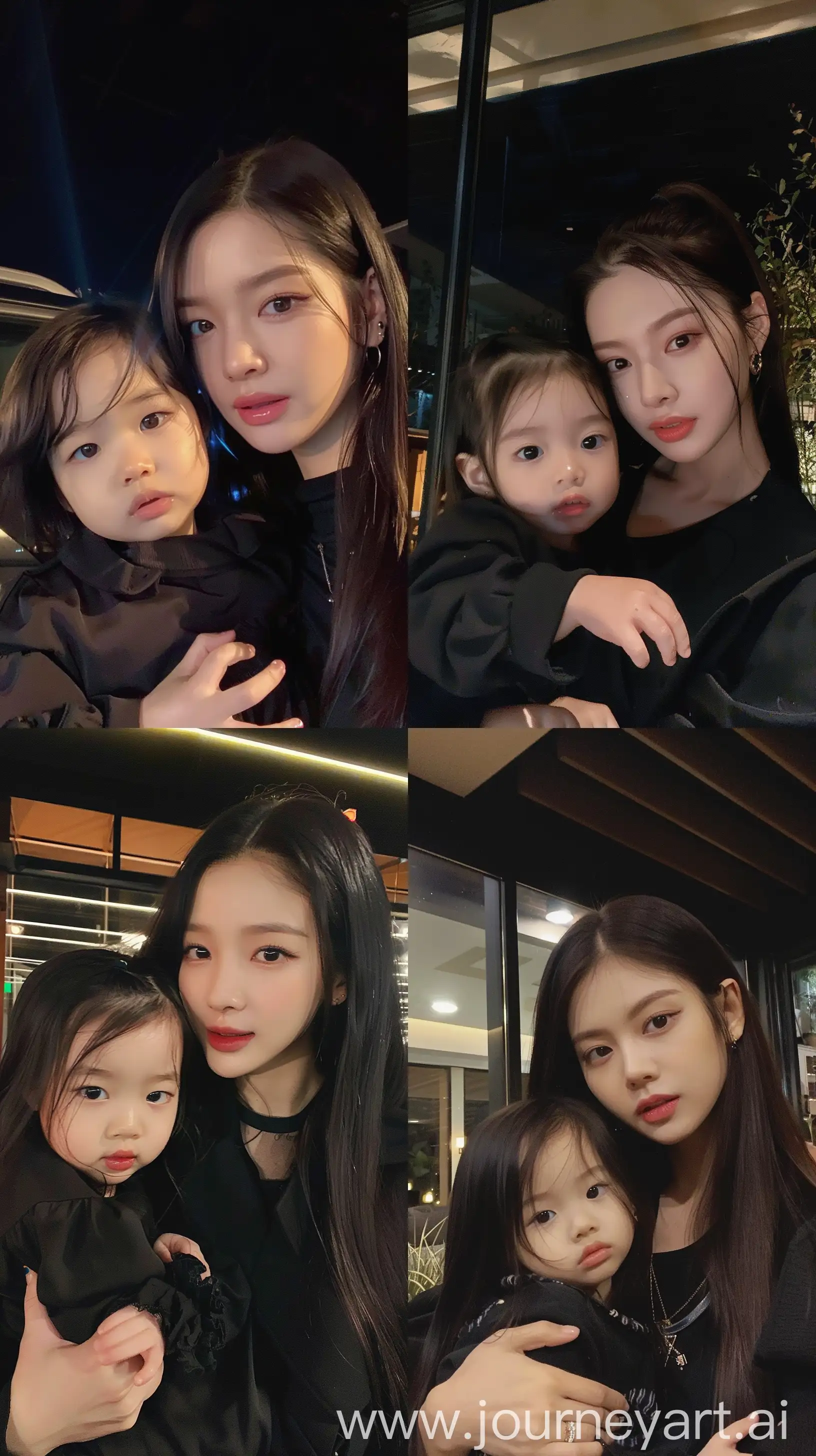 blackpink's jennie holding 2 years old  girl, facial feature look a like blackpink's jennie, aestethic selfie, wearing black outfit, night times --ar 9:16