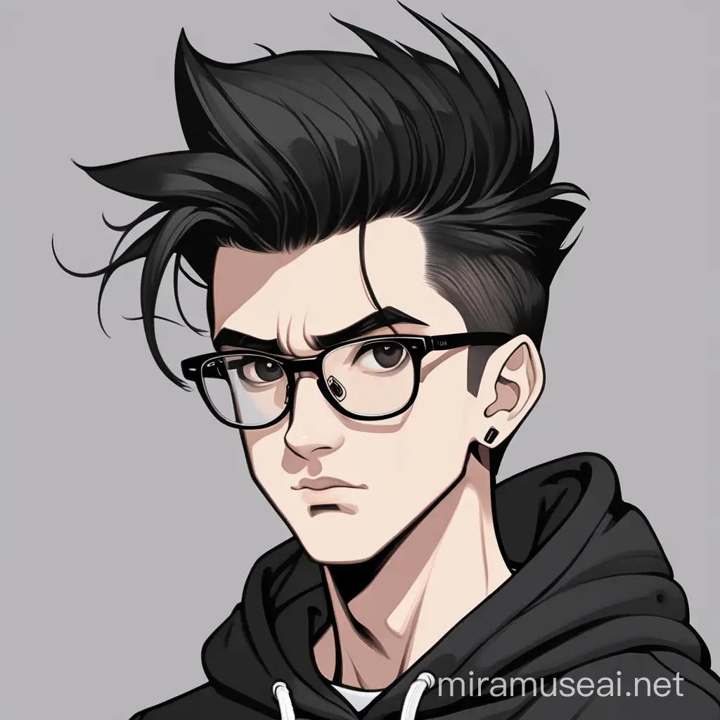 cool.,hacker,glasses,quiff hairs,black hoodie,aesthetic,oblong face shape,handsome