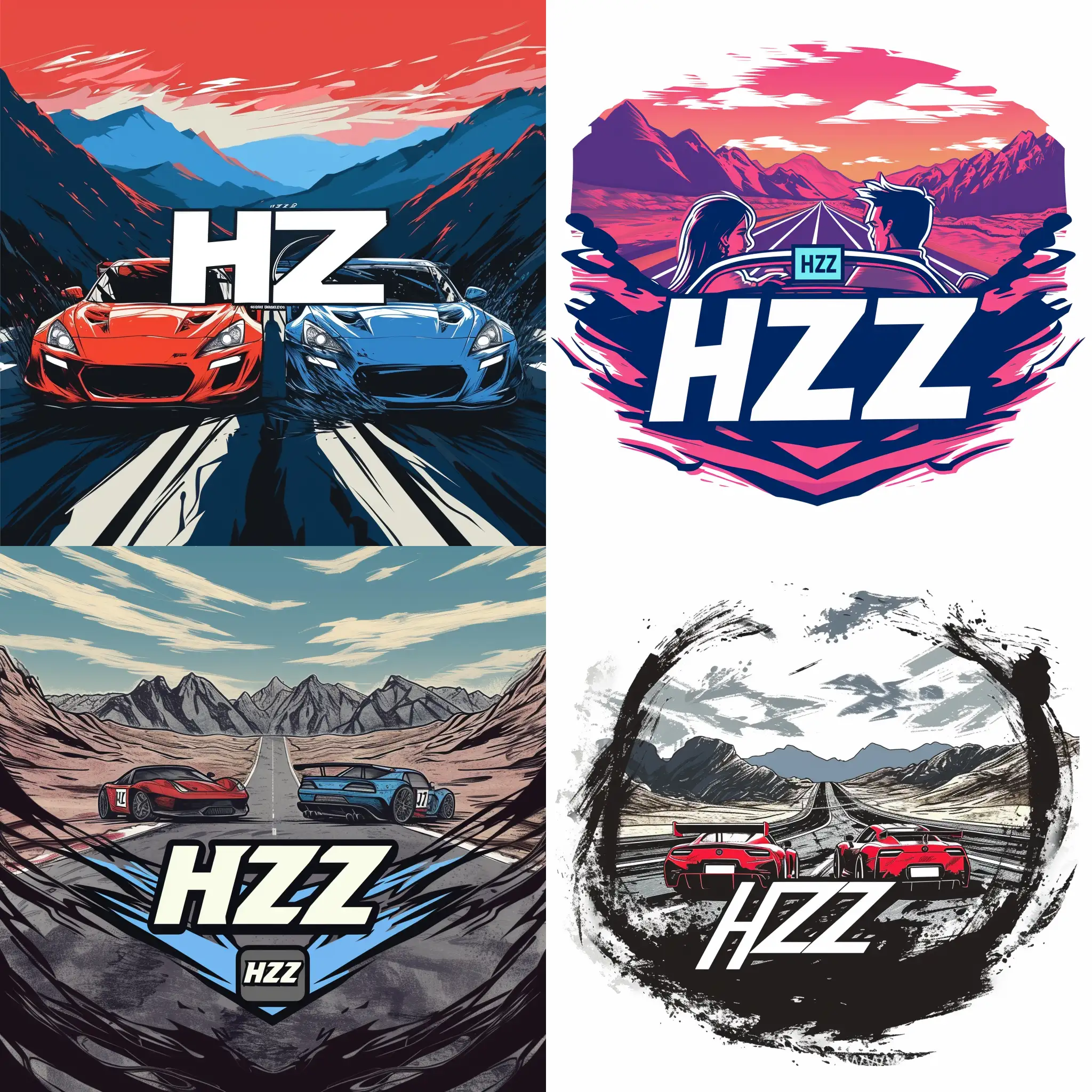 draw style car race logo, couple racing cours,
with HZZ tag in middle, mountains with road in backround