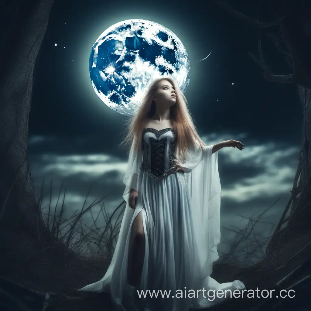 девушка на фоне луны, фэнтези платье