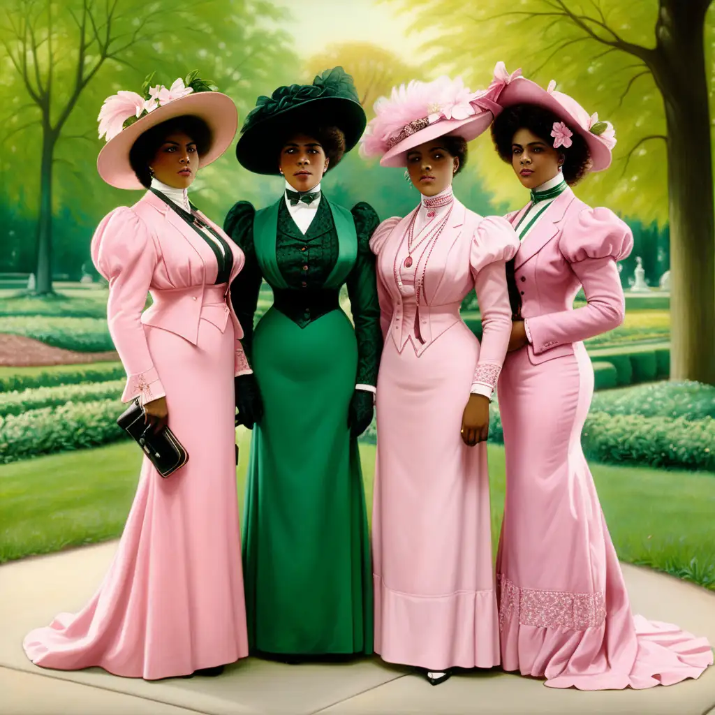 create  image of  elegant 
three black women from 1908 in front of a park.  They are wearing  pink, green and ivy
