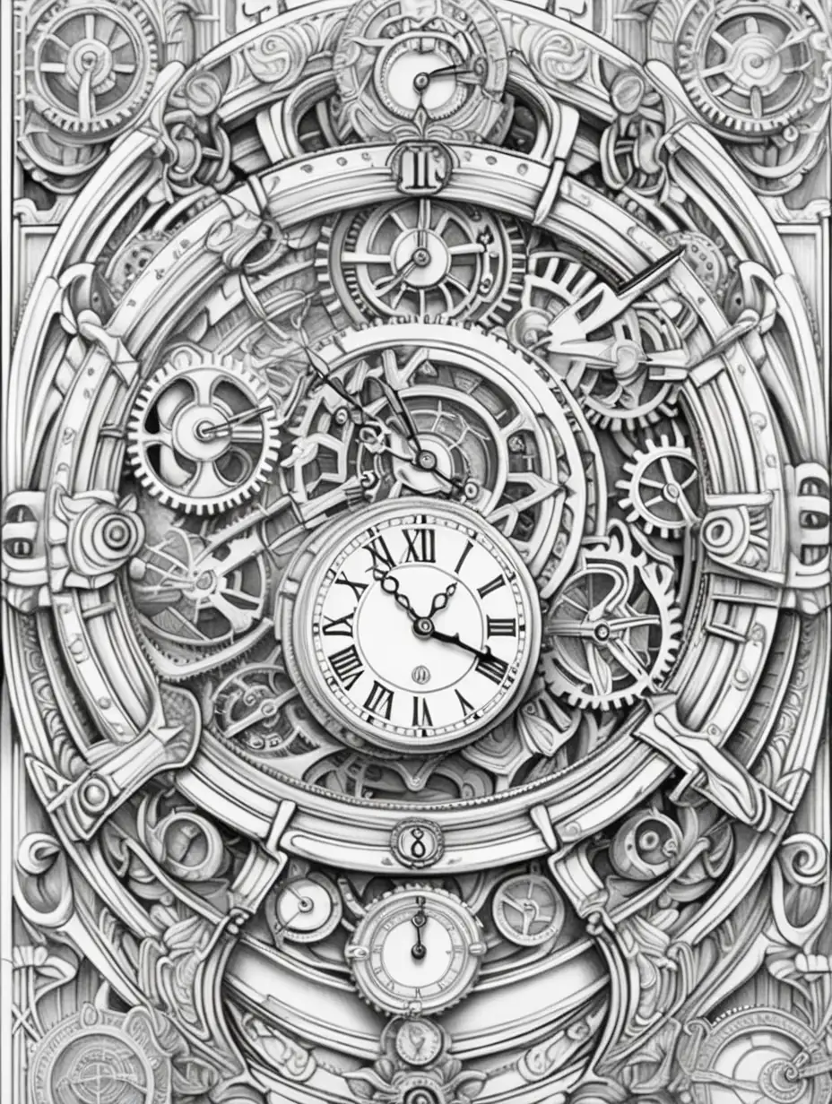 Coloring book pages with much white space that describes this paragraph"  CLOCK quantum entangled maze steampunk DECO 600 60 6