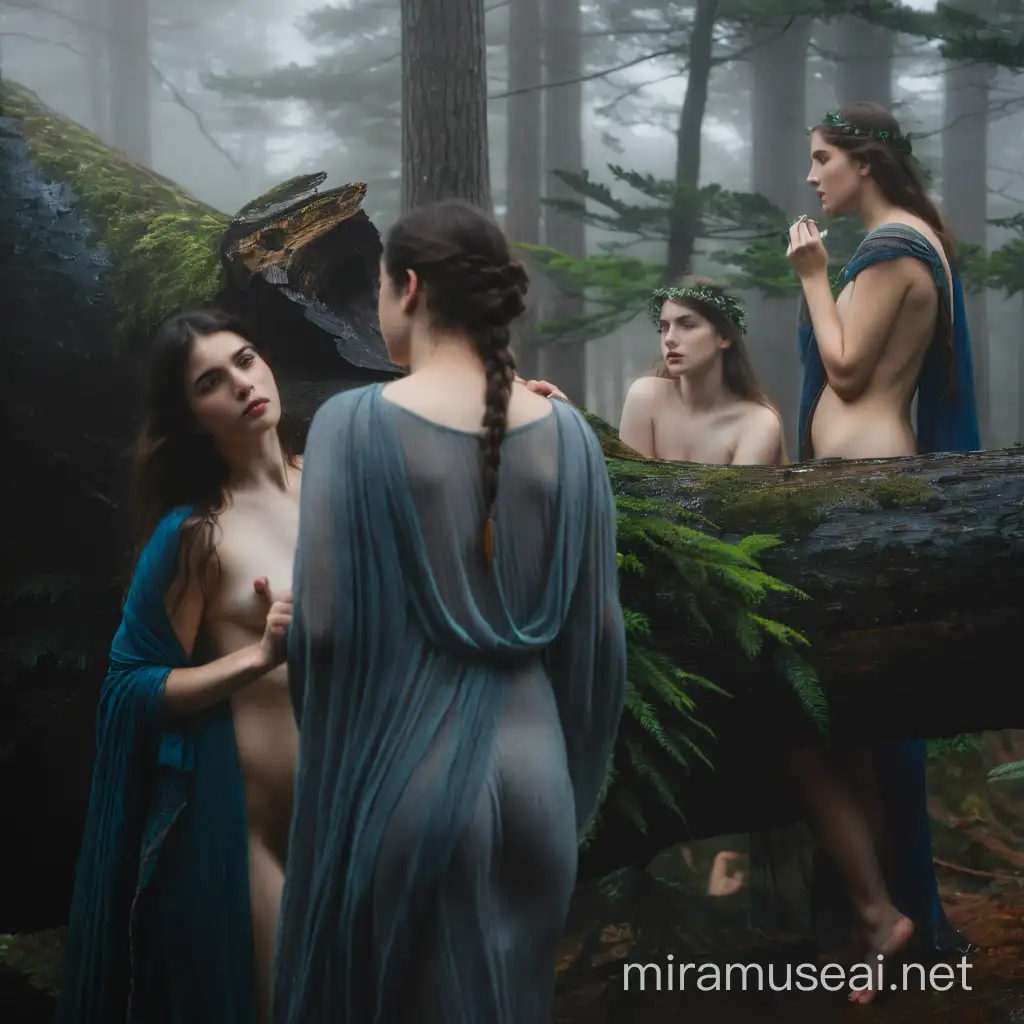 John William Waterhouse nude muses in   misty forest..