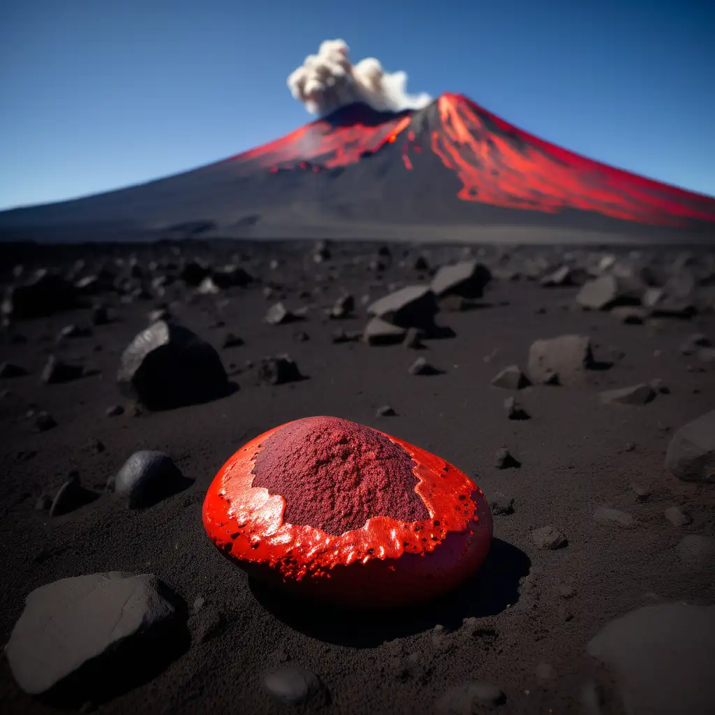 A deep red pebble with a flowing lava impression and an erupting volcano in the background