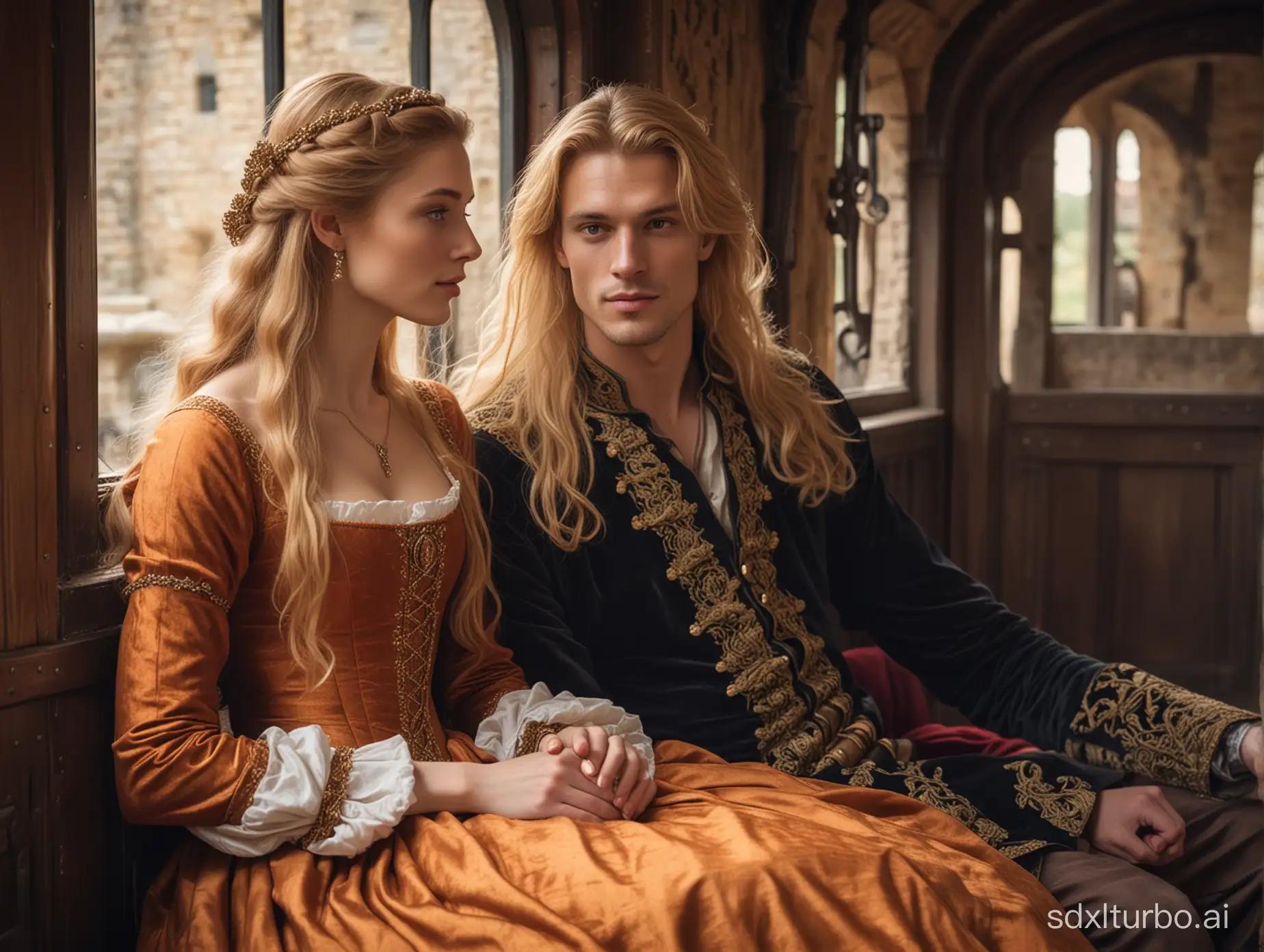 A handsome blond (((man))) with long hair below his shoulders in a medieval costume and a beautiful slender (((woman))) with long russet hair with a reddish cast in a gorgeous medieval dress with a neckline, sit inside a luxurious closed carriage (((opposite each other)))