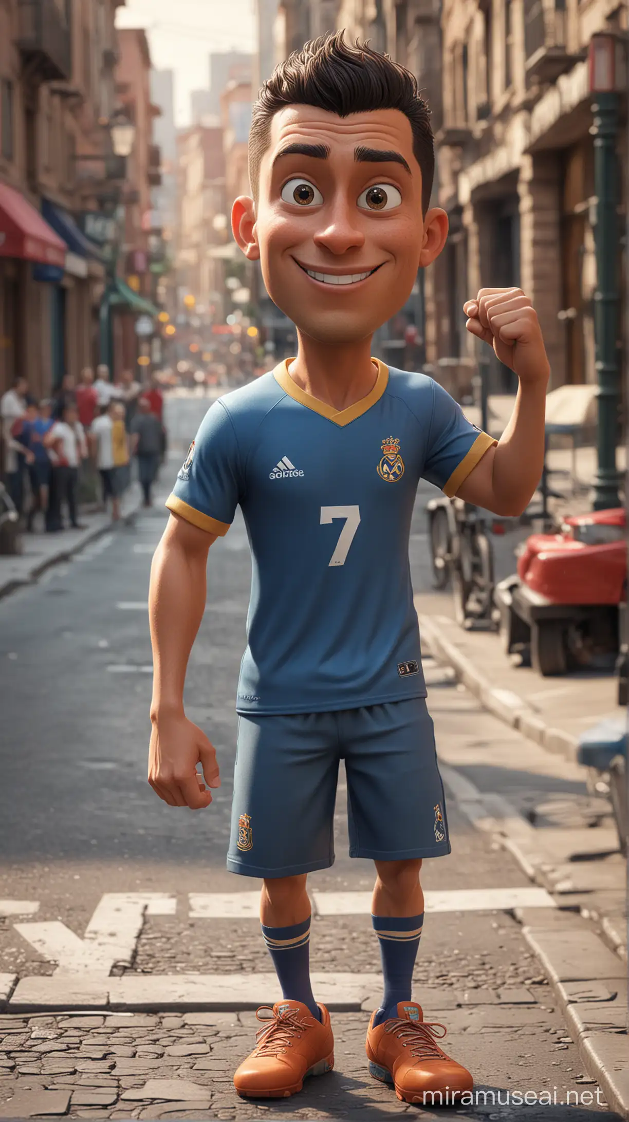 expressive caricature in Pixar style, unreal, mischievous,  Cristiano Ronaldo on the city street, dynamic pose, cartoon art, style trending on artstation, sharp focus, studio photo, intricate details, highly detailed, by Greg Rutkowski, sharp focus, depth of field, unreal engine, perfect composition, digital art on pixiv Fanbox, artstation, 8k, hdr wearing jersey. Written the daddies