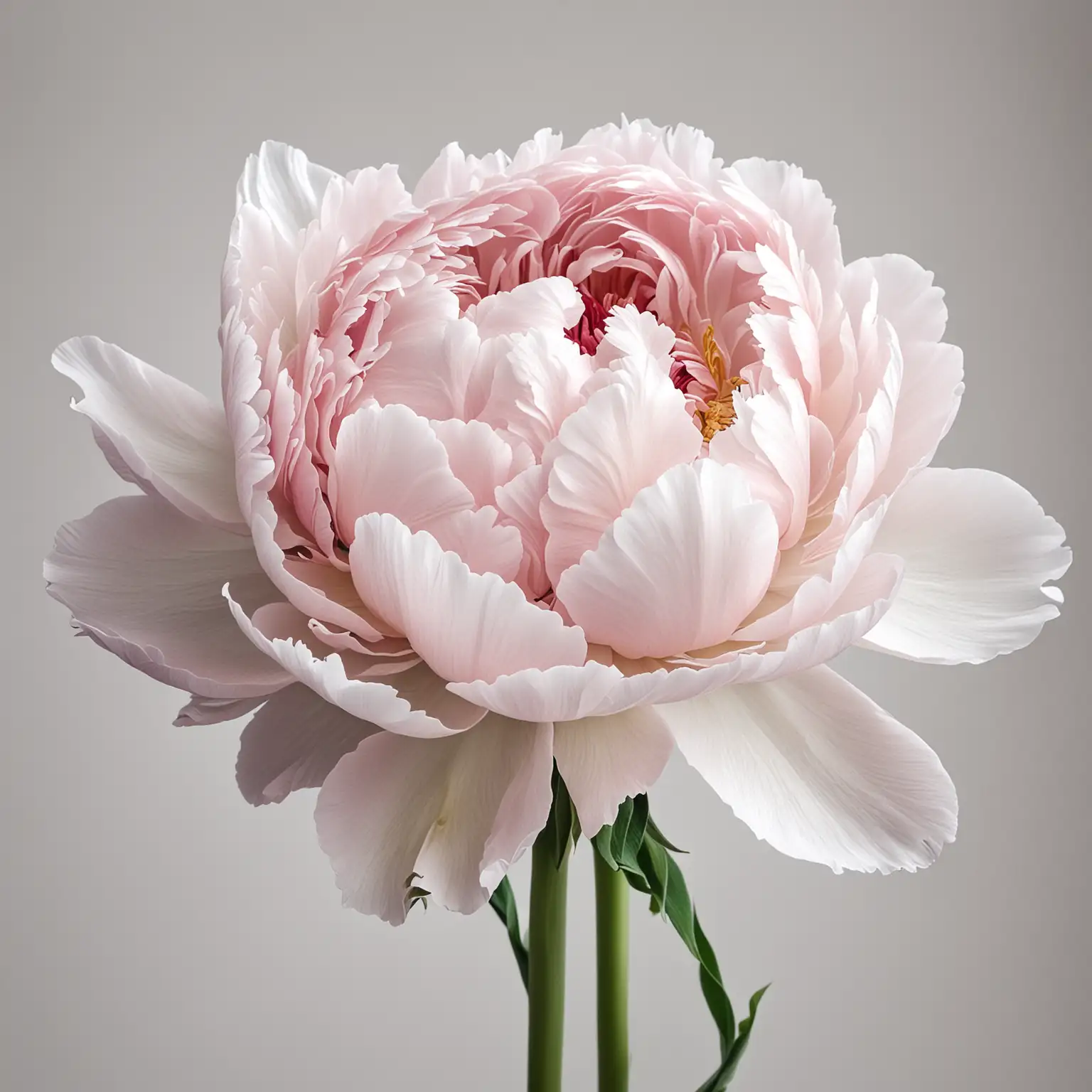 Realistic single cream and very pale pink peonie on a solid white background in a moody tone