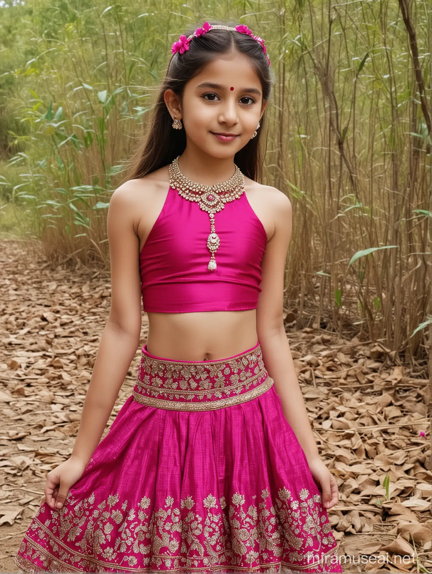 10 years old girl, white skin, beautiful, wearing fuchsia very thin halter neck very thin choli with lehenga, her front view, in nature