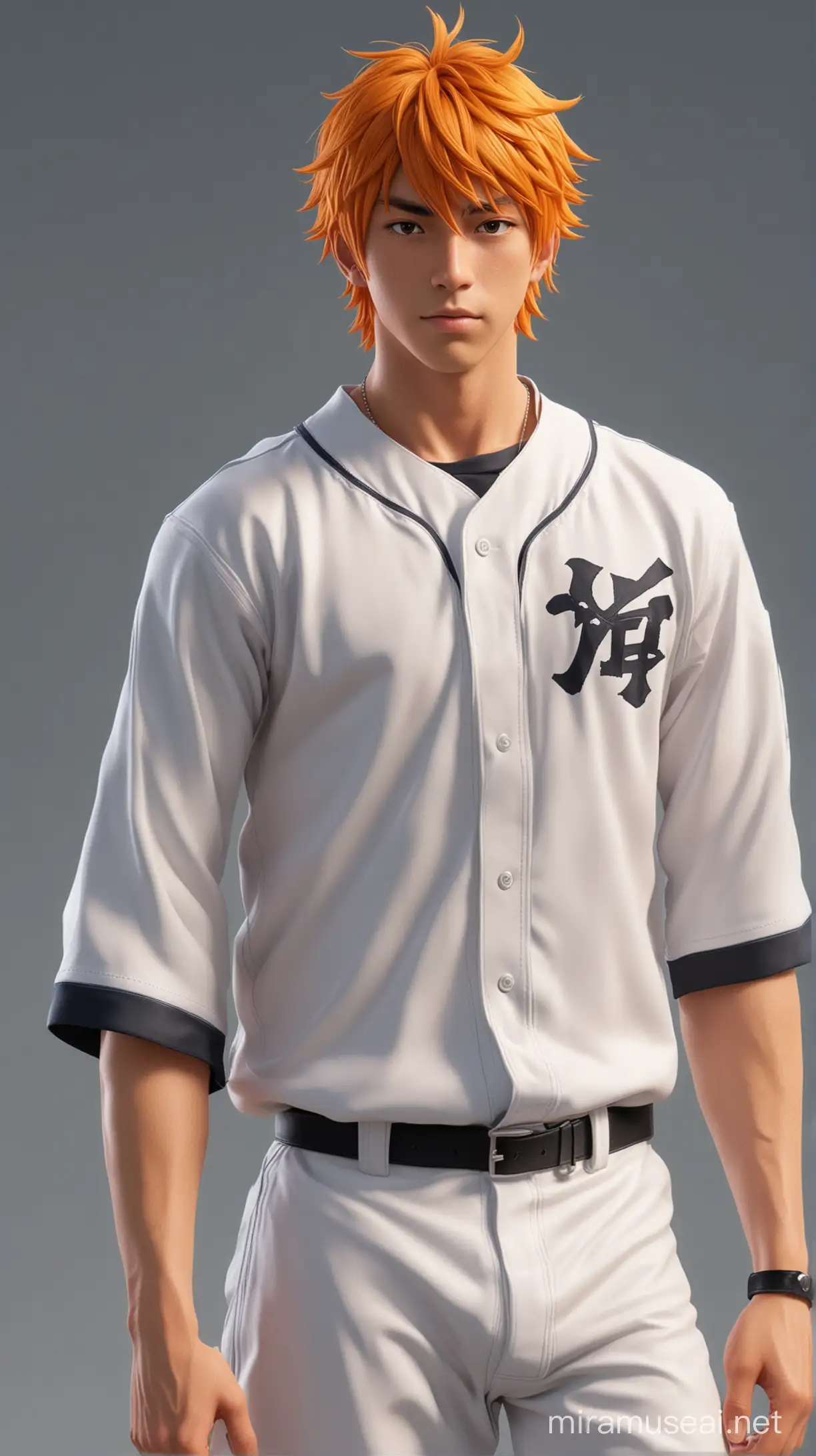  Full full body photorealistic ultra realism high definition aesthetic stabilized diffusion picture of handsome hunky fractal clean shaven hayate ichinosi as orange haired Ichigo.wearin a baseball uniforms..standing firmly face front camera focus..