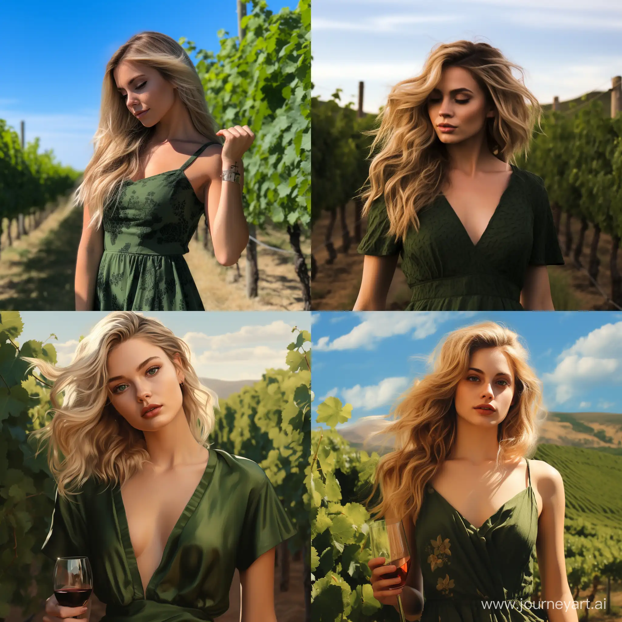 девочка с блондинистыми  волосами и зеленым платье стоит рядом с виноградное полем 