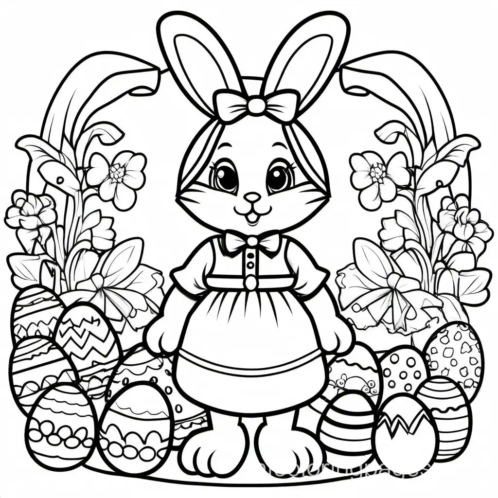 Bunny with Easter Basket wearing a dress and has bows on her ears, Coloring Page, black and white, line art, white background, Simplicity, Ample White Space. The background of the coloring page is plain white to make it easy for young children to color within the lines. The outlines of all the subjects are easy to distinguish, making it simple for kids to color without too much difficulty
