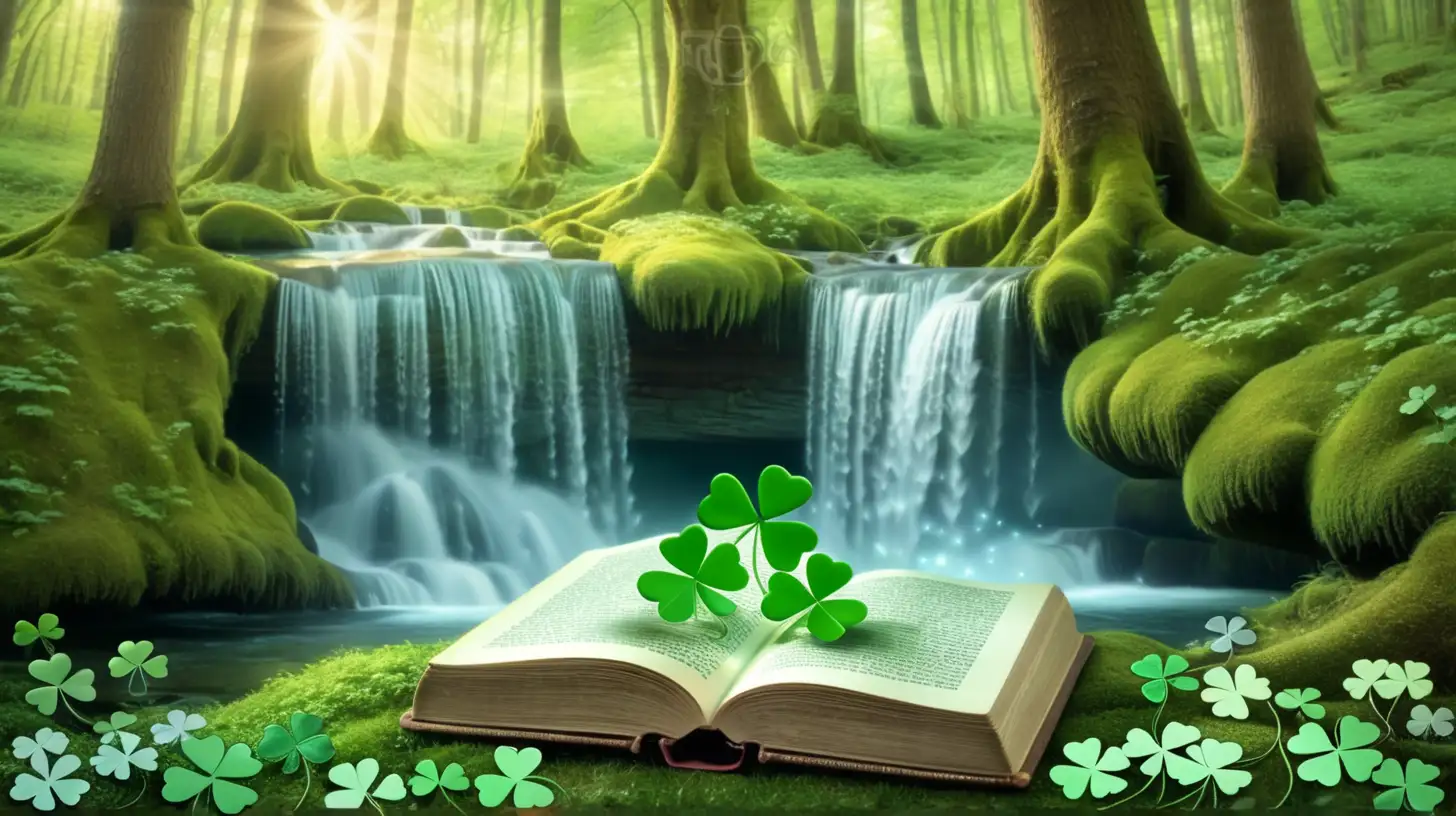 Enchanting Forest Scene Magical Book and Shamrocks