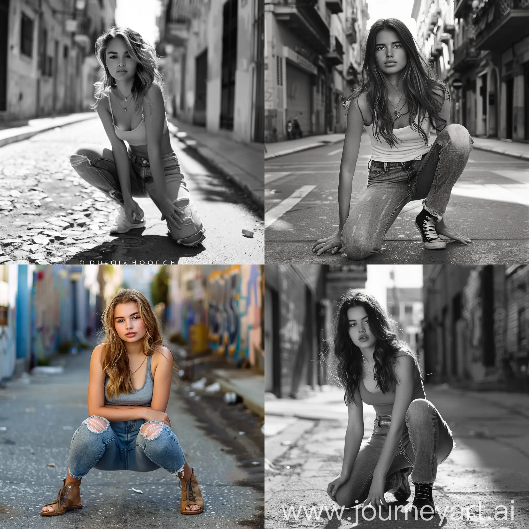 Young-Woman-Fashionably-Crouching-in-Urban-Setting