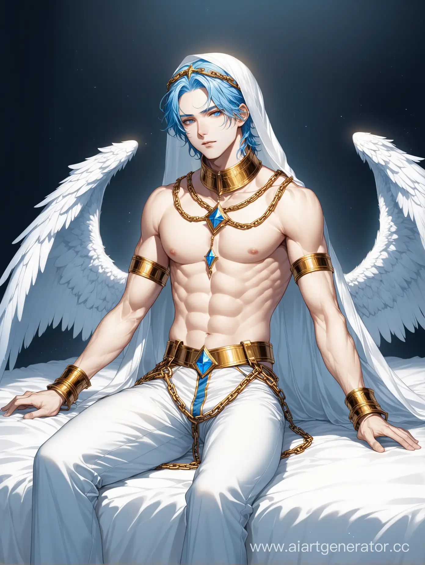 imagine a mysterious and bound, lost man lying on a bed with four white wings, light blue hair and golden unearthly eyes, decorated with white and blue silk clothes, gold chains crossed on his chest like a harness. a thick chain was located below the pectoral muscles, the back was open, and there was a white veil on the head The wide-leg trousers were just as risky in the same blue color, but with a slit that went from ankle to mid-thigh, leaving most of the skin visible from the side. The clothes left almost no room for imagination, patches of pale, milky white skin were on display,  Massive gold jewelry and the collar he's wearing on the bed