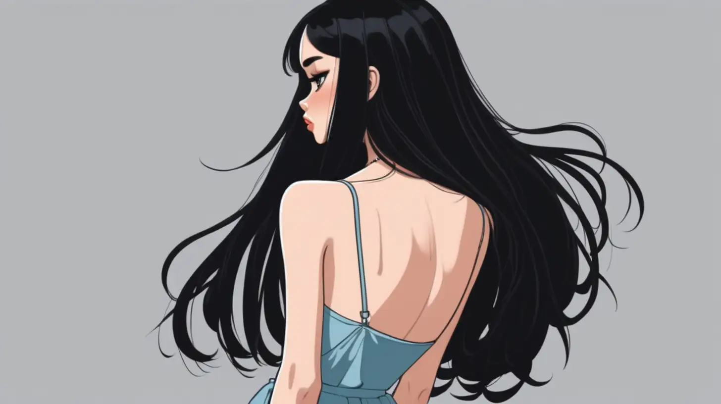aesthetic cartoon girl in art style with long black hair girl posing her back. only one girl and plain background