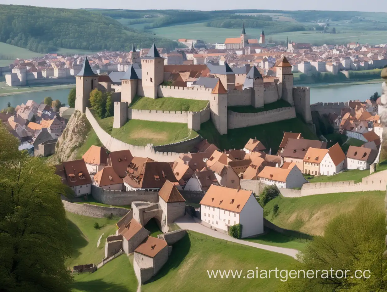 A small medieval town surrounded by fortress walls, view from a hill, daytime, clear weather