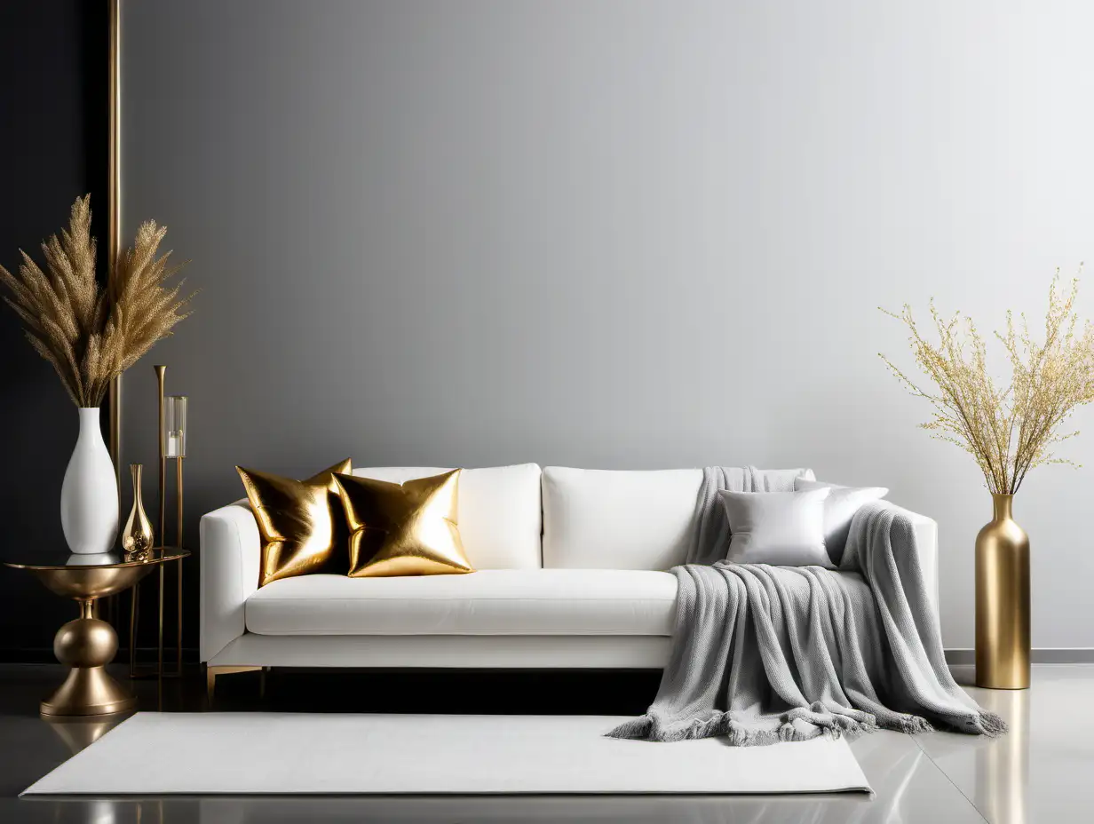 Commercial Photography, modern minimalist living room interior with white sofa, siliver blanket and gloden decor
