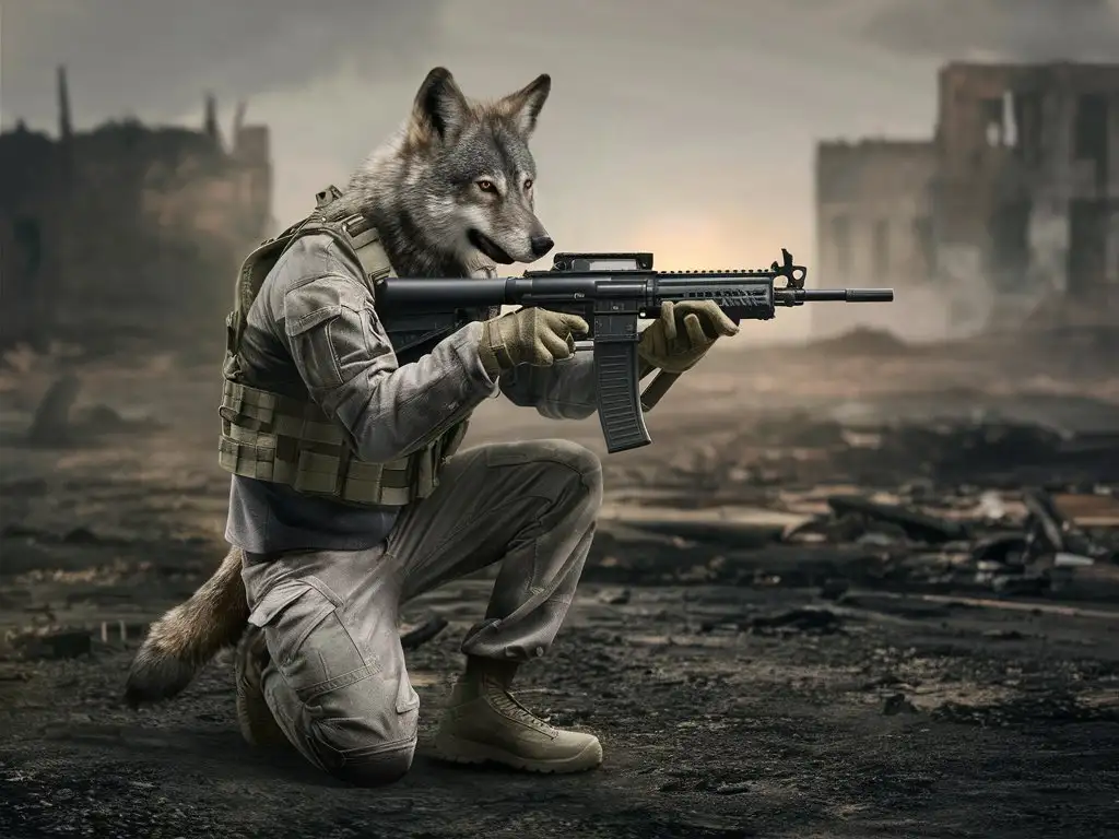 a contemporary soldier wolf kneel down with a rifle, 