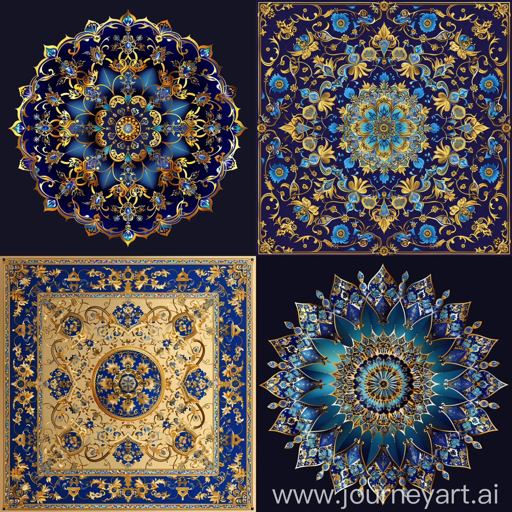 Generate an iranian tazhib high detailed and quality with blue and gold colors