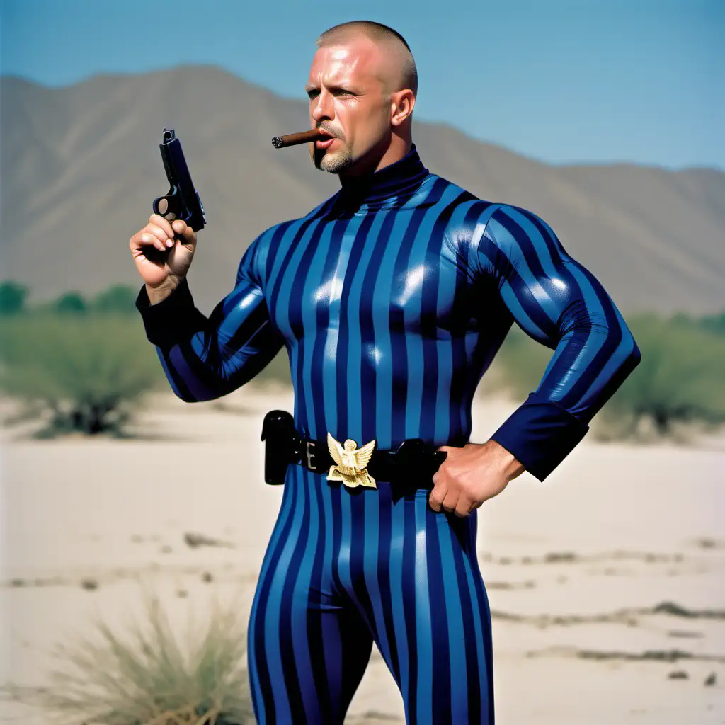 muscular man, short tidy blond buzz cut beard, navy blue pacific blue skintight horizontal striped costume, cigar in his mouth, pointing Desert Eagle gun, Houston, day