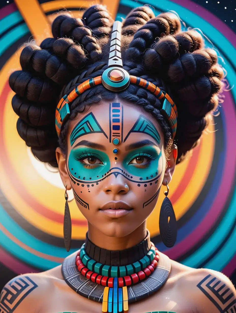 Ndebele Woman Adorned in Tribal Tattoos and AfroFuturistic Headdress against Galaxy Backdrop