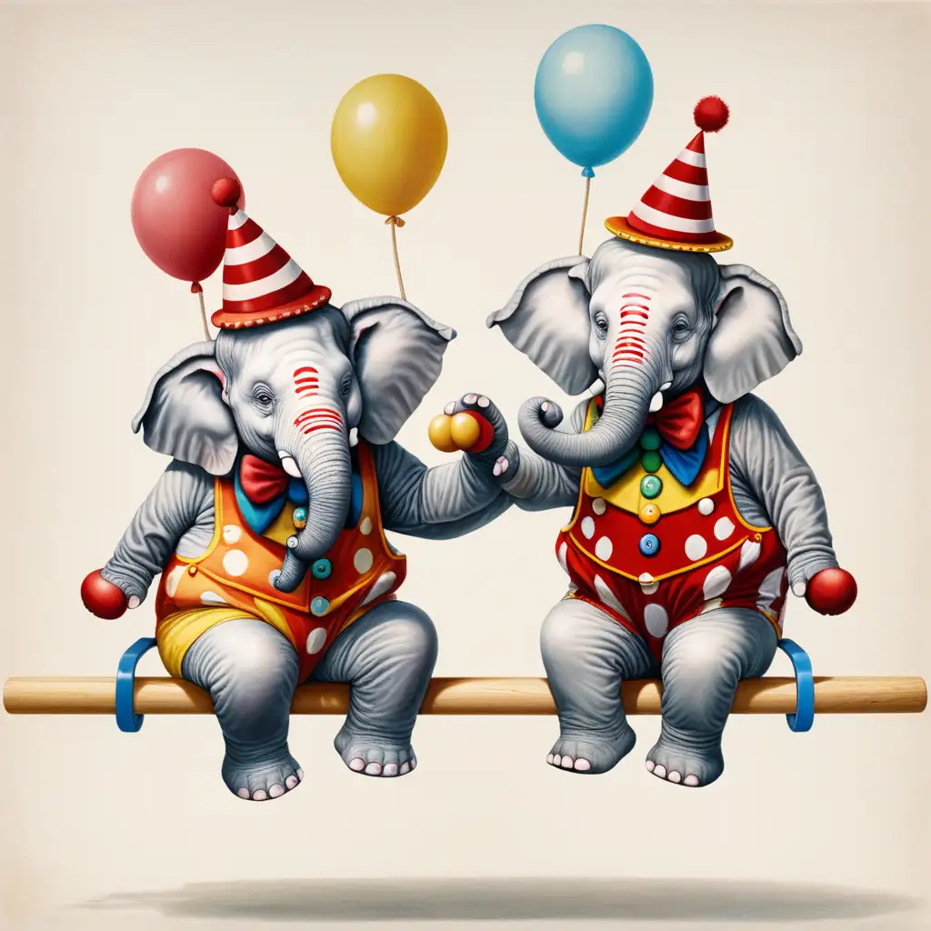 two elephants dressed as a clowns sitting on see saw
