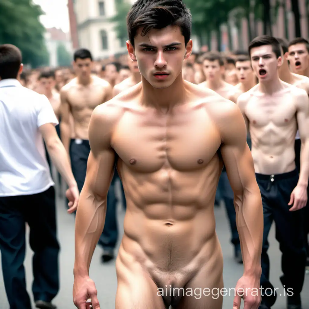 realistic  photo of a young 18 years old athletic  naked dominant      handsome    Polish    male    with beautiful face, brown eyes and black hair and aggressive and tempting look and naked ripped abs and  hairy  chest and erect   penis    and black pubes  , displayed totally    naked  in the crowded street and humiliated   in front of students in uniforms