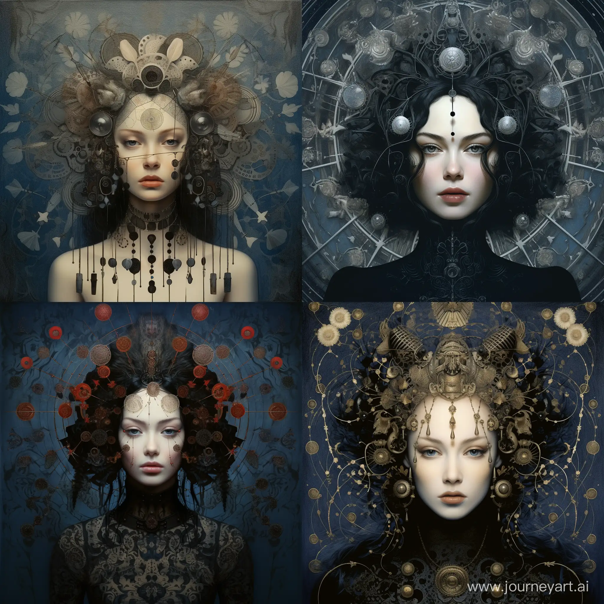 The beautiful lady, She is dressed in conspiracy dots style by Anna and Elena Balbusso, Tom Bagshaw, Del Kathryn Barton. 3d, Blueprint, best quality, ultra detailed, beautiful, elegant, intricate.