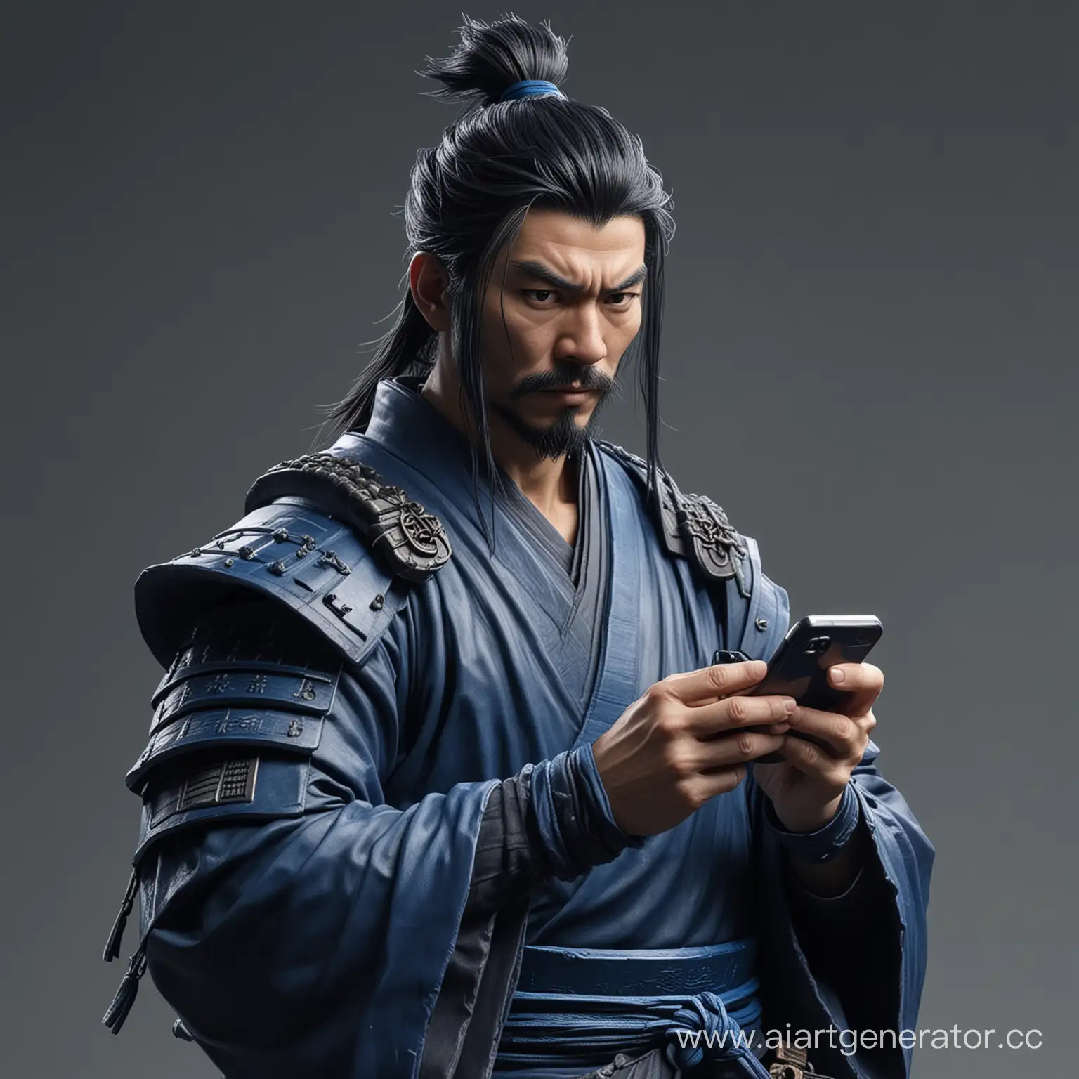 Dark-Blue-Samurai-Engaged-with-Modern-Technology